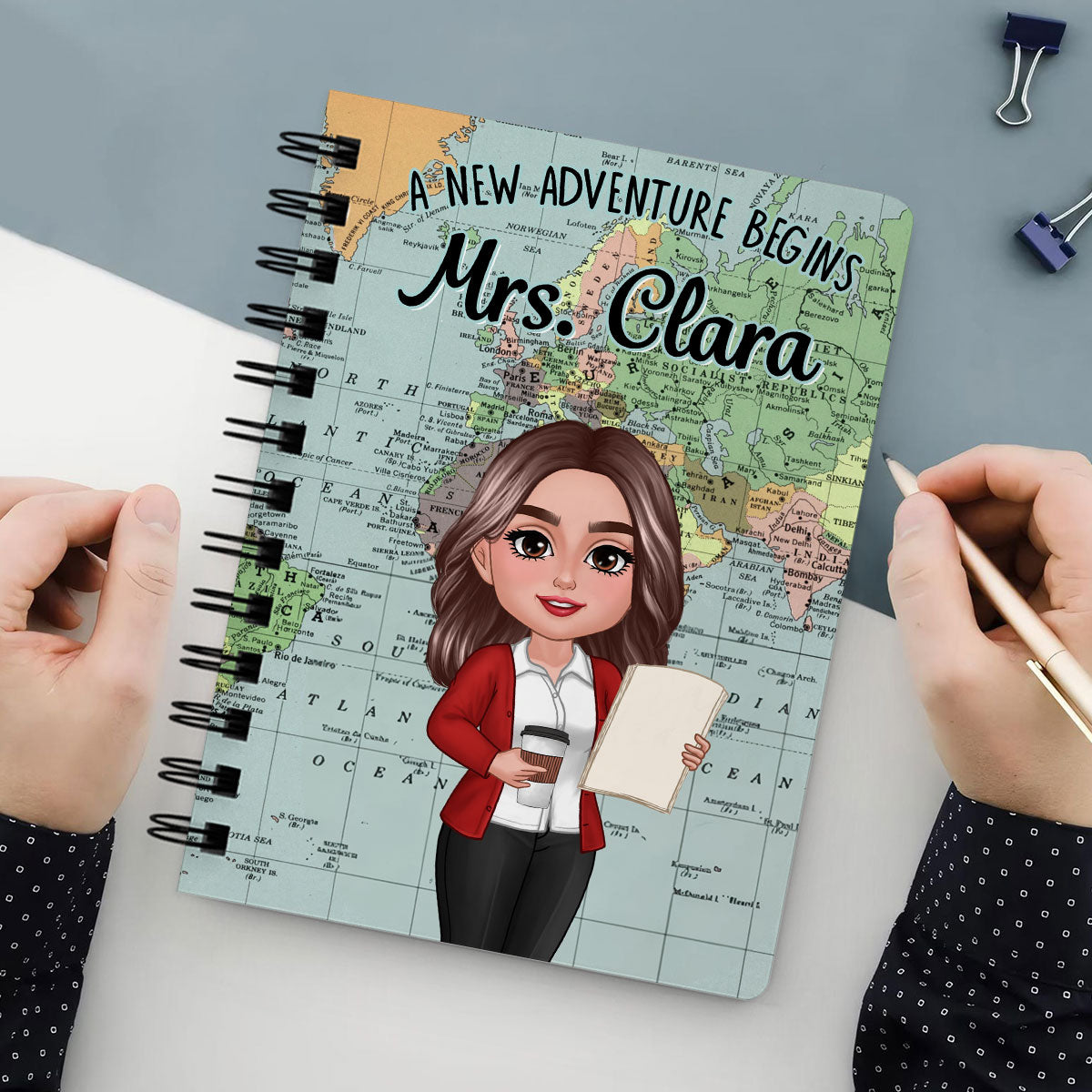 World Map Adventure Themed Teacher Book Of Notes Personalized Spiral Notebook Journal, Back To School Stationery