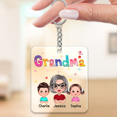 Colorful Floral Pattern Grandma Mom Auntie With Kids Personalized Acrylic Keychain