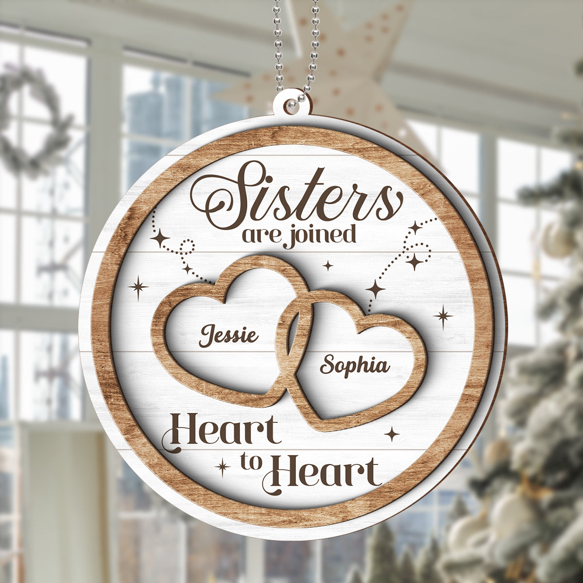 Sisters Are Joined Heart To Heart Christmas Personalized 2-Layer Wooden Ornament, Christmas Gift For Sisters, Siblings