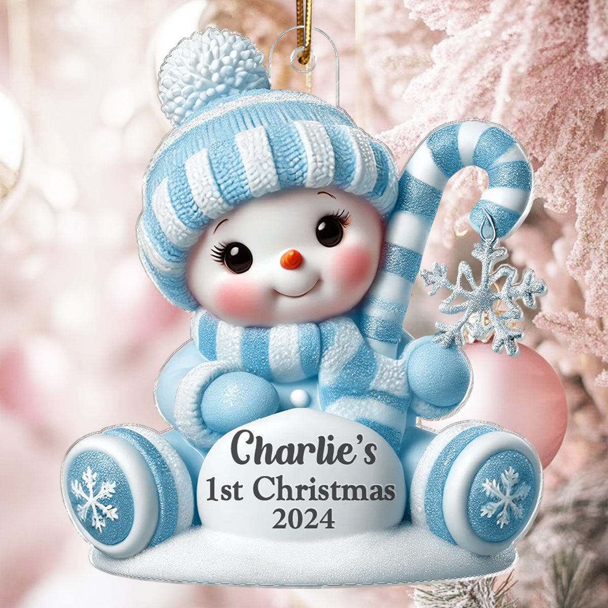Cute Snowbaby Sitting On Snow 3D Effect Baby's First Christmas Personalized Acrylic Flat Ornament