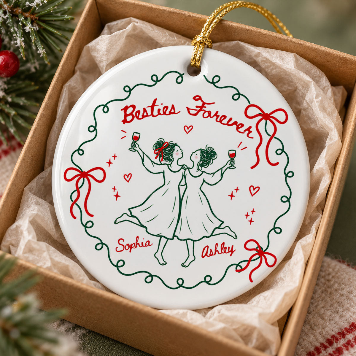 Besties Forever Celebration 2D Flat - Personalized Ceramic Ornament - Christmas Gift For Best Friends, Besties