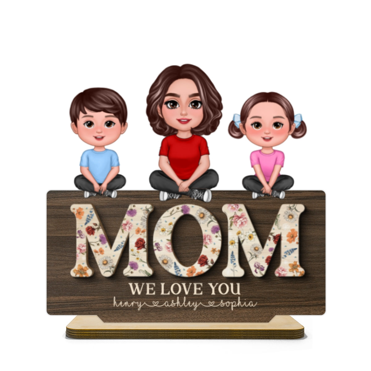 Mom Grandma We Love You Woman & Kids Crossed Legs Vintage Flowers Personalized 2-Layer Standing Wooden Plaque