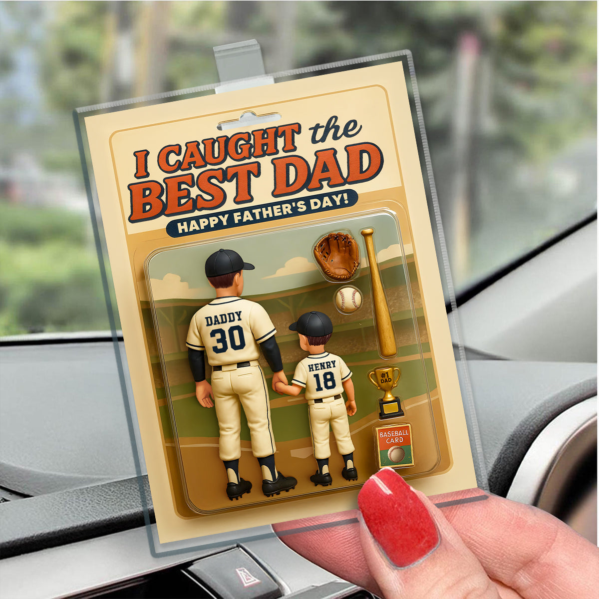 We Caught the Best Dad, Grandpa Baseball Custom Figure Personalized Acrylic Car Visor Clip, Father's Day Gift for Dad, Gift for Husband
