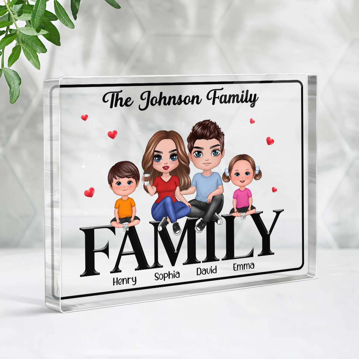 Doll Family Couple Dad Mom Kids Dogs Cats Sitting On Words Personalized Horizontal Rectangle Acrylic Block Plaque