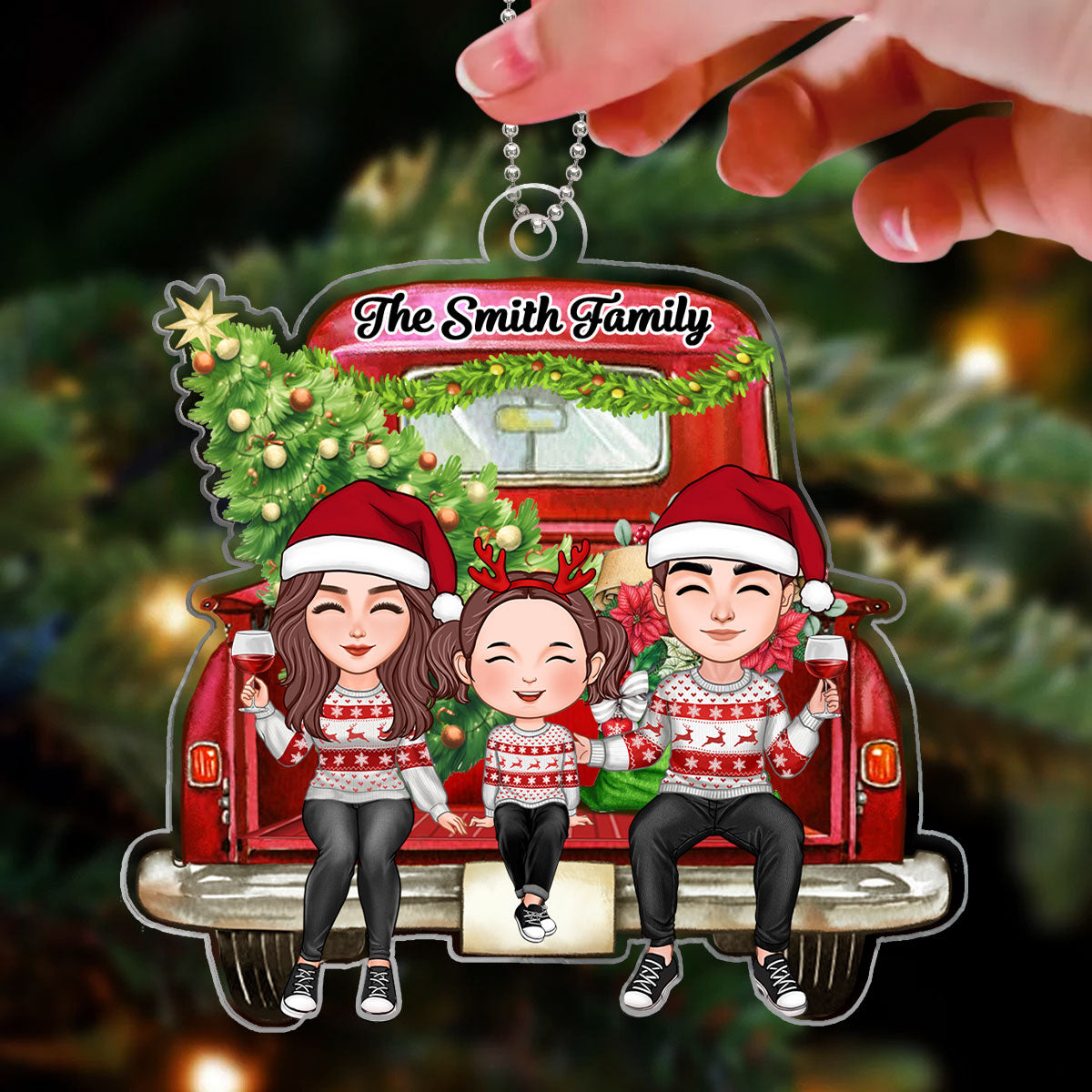 Cute Family Couple Dad Mom Kids On Christmas Truck Personalized Acrylic Ornament