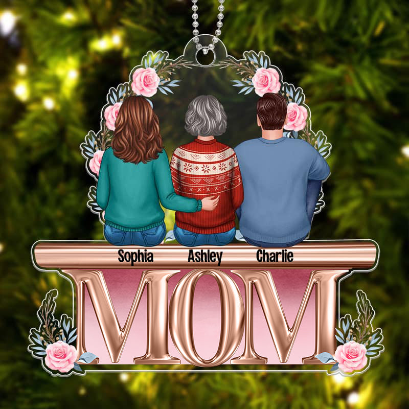 Mother Daughter Son Sitting On Text Personalized Christmas Acrylic Ornament