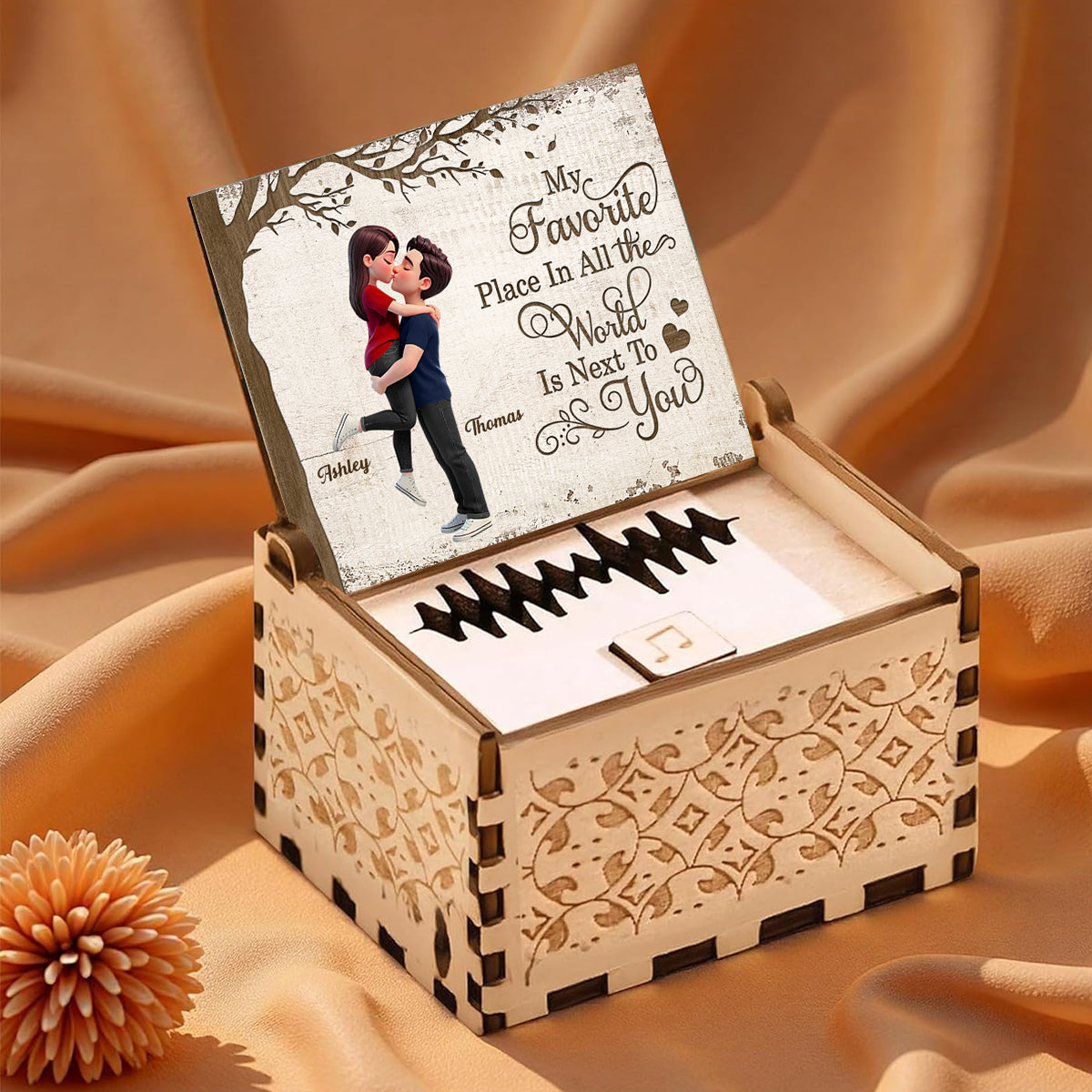 My Favorite Place is Next to You Couple Hugging Kissing - Personalized Wooden Music Box - Heartfelt Valentine's Day Gift for Her, for Him