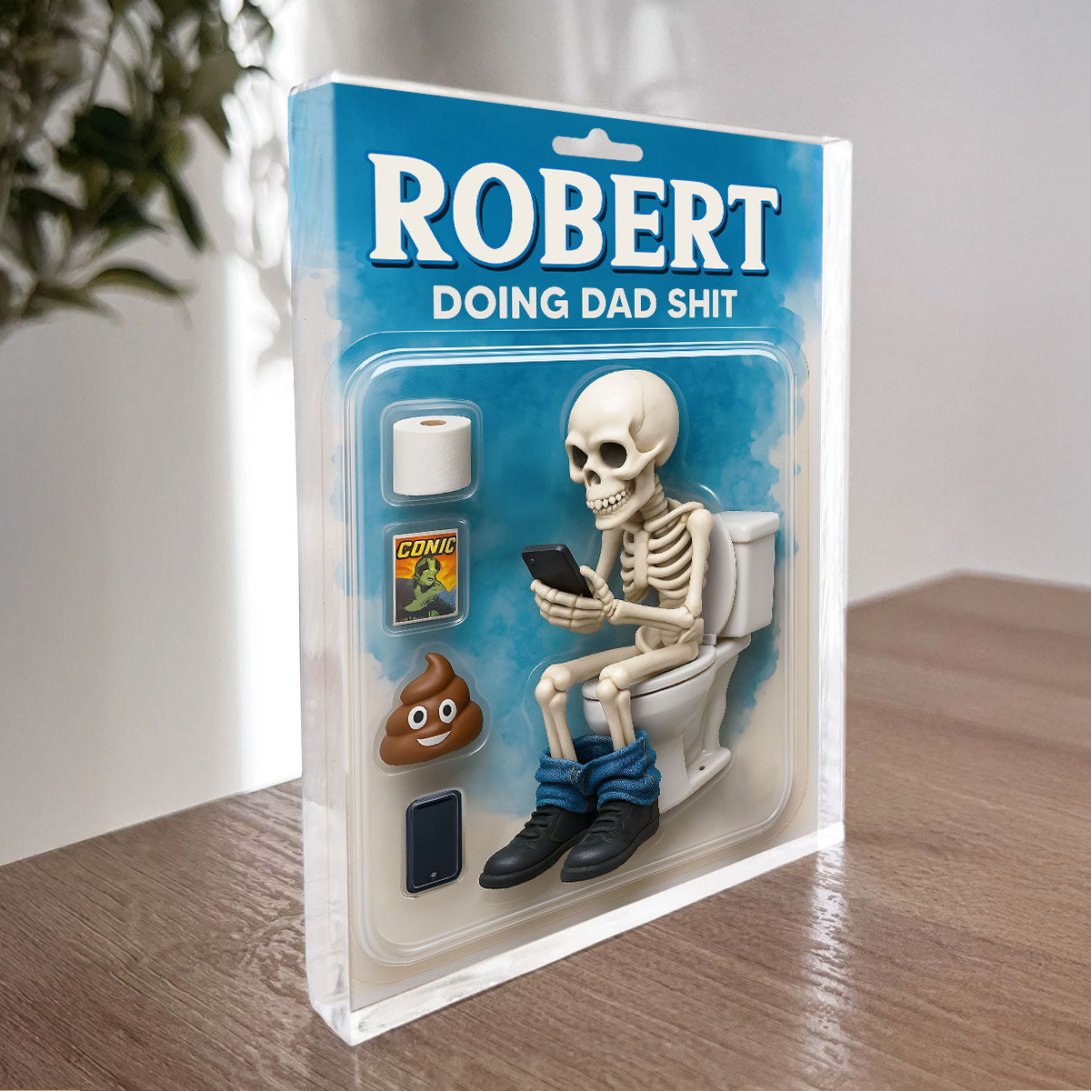 Doing Dad Sh*t, Funny Skeleton Toilet Custom Figure Toy Box Personalized Acrylic Block