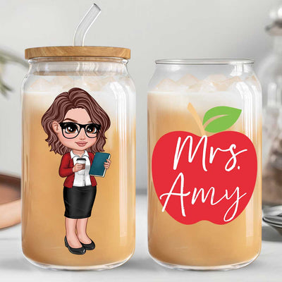 Y2K Style Teacher Apple Personalized Clear Glass Can, Gift For Teacher, Appreciation Gift