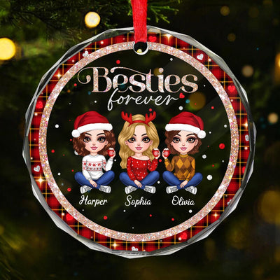 Sparkling Checkered Pattern Lovely Besties Personalized Glass Ornament