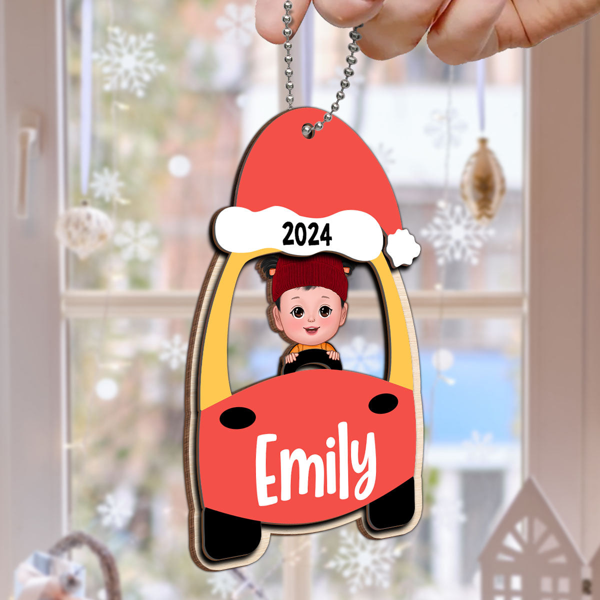 Kid On Christmas Toy Car First Christmas Personalized 2-Layer Wooden Ornament