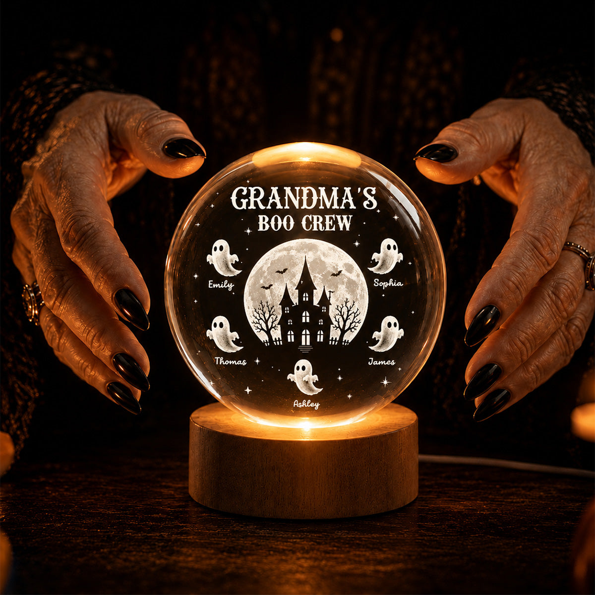 Grandma Boo Crew - Personalized Crystal Ball Night Light - Halloween Gift, Halloween Decoration