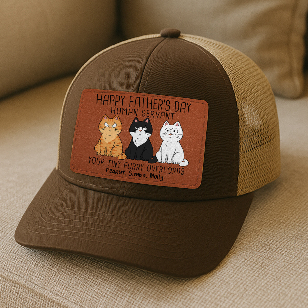 Happy Father‘s Day Human Servant Funny Cute Cats Personalized Leather Patch Hat, Gift For Cat Dad