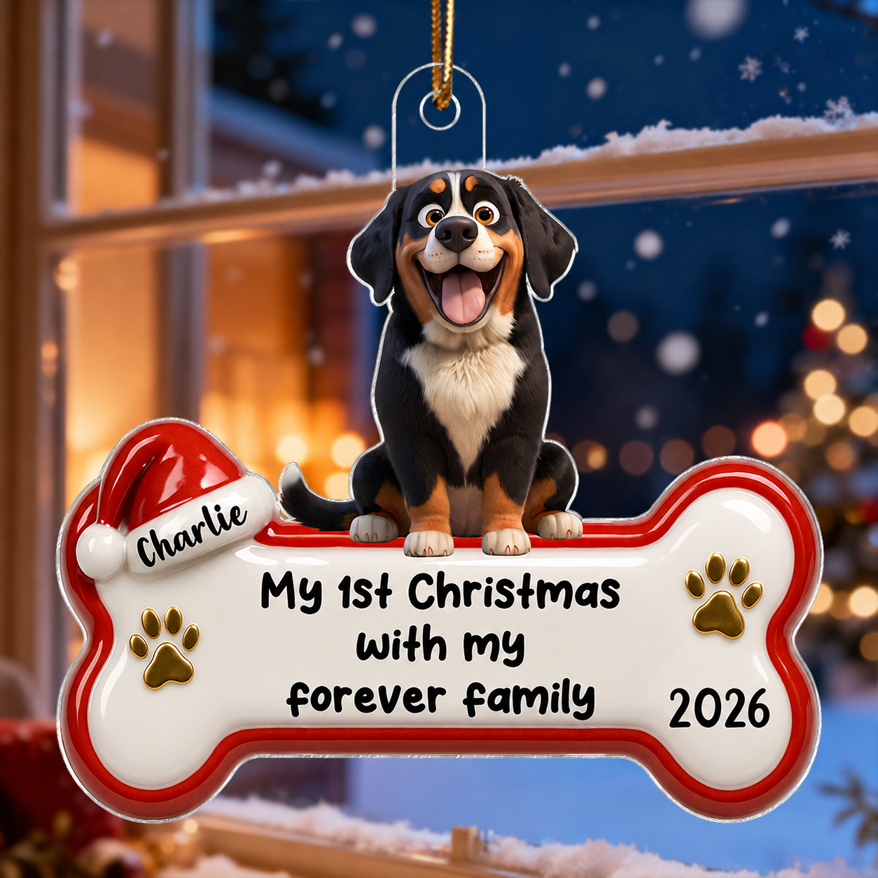 1st Christmas With Forever Family Cartoon Dog 3D Effect - Personalized Acrylic Ornament