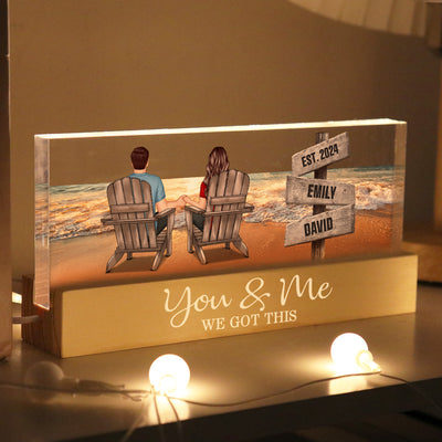Romantic Beach Landscape Couple Sitting Holding Hands Sign Posts Personalized Acrylic Block LED Night Light, Heartfelt Gift For Couple, For Him, For Her, Boyfriend, Girlfriend, Husband, Wife