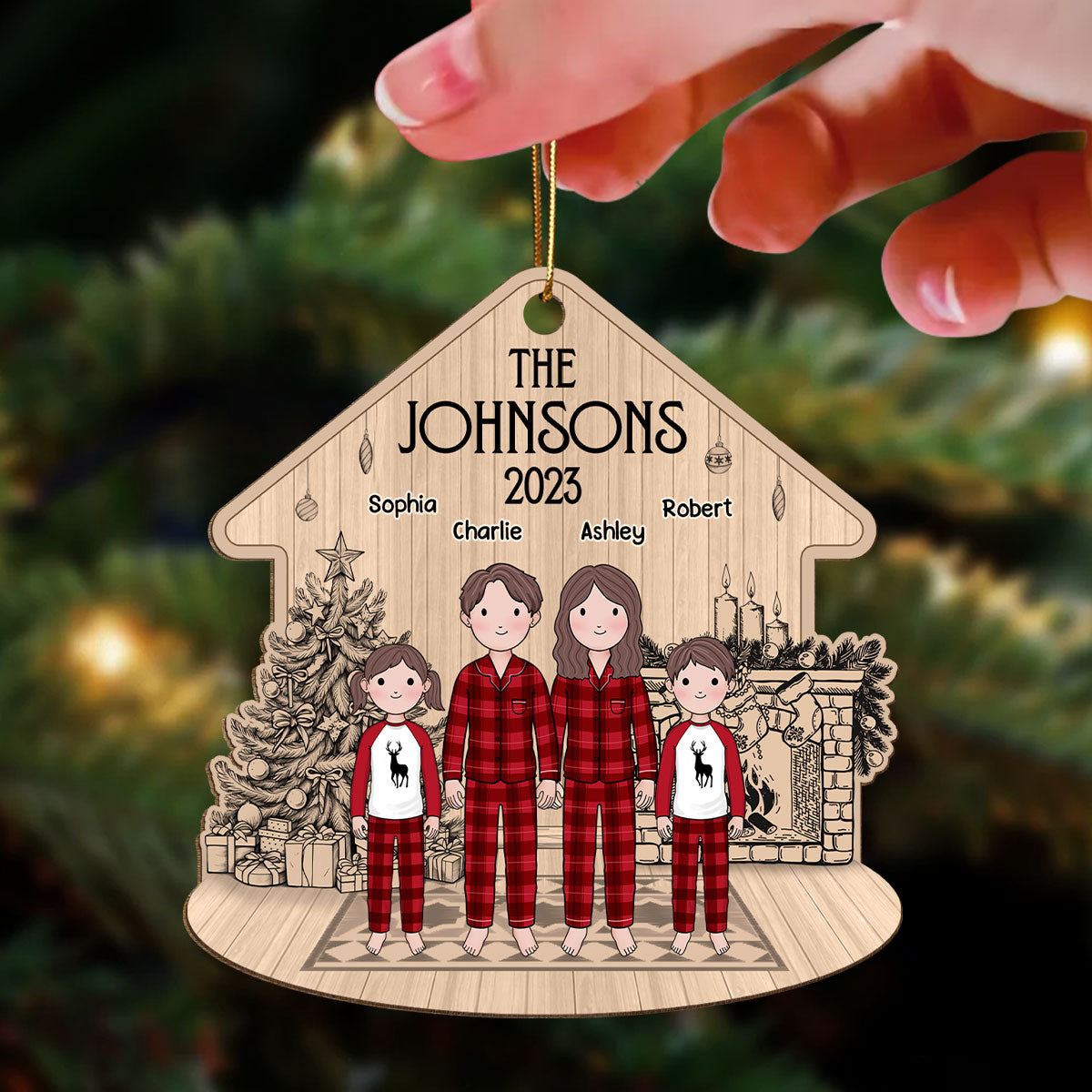 Simple Cartoon Whole Family At Fireplace Sketch Background Personalized Wooden Ornament