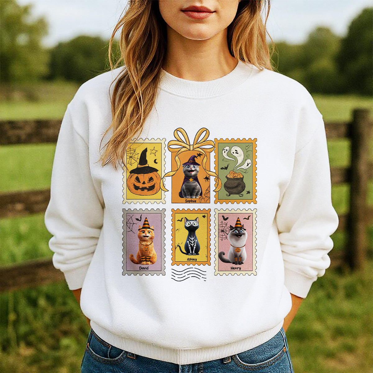 Cute Cats Retro Halloween Postage Stamp Sweatshirt – Cute & Spooky Fall Personalized Sweatshirt