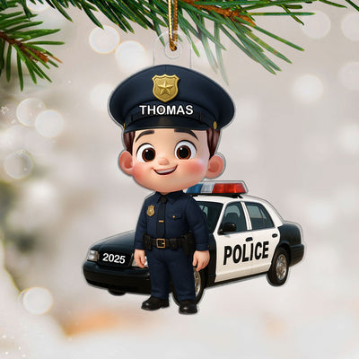 3D Effect Little Kid Boy Dream Job Police Christmas Personalized Acrylic Ornament