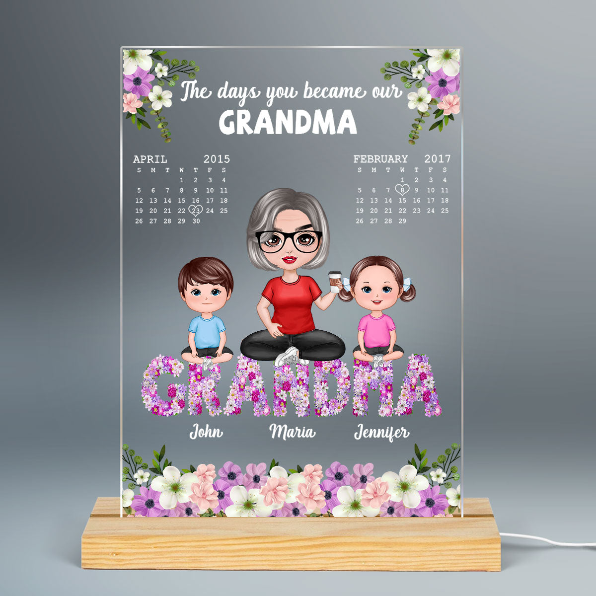 Grandma Grandkids Sitting On Flower Text Calendar Personalized Acrylic LED Night Light