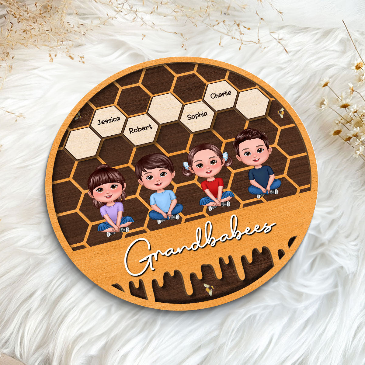 Grandbabees Crossed Legs Sitting Personalized 2-layer Wooden Plaque, Gift For Grandma
