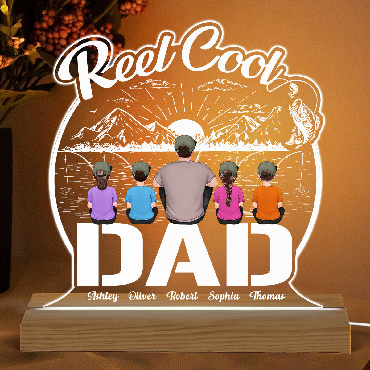 Reel Cool Dad Papa Fishing Personalized Custom Shape Warm LED Night Light