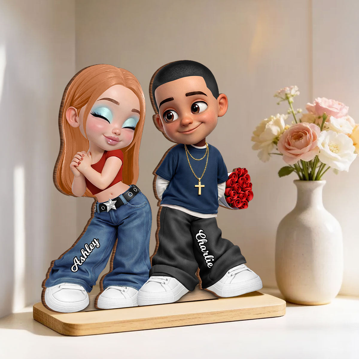 Trendy Y2K Couple - Personalized 2-Layered Wooden Plaque - Heartfelt Valentine's Day Gift For Him, Gift For Her