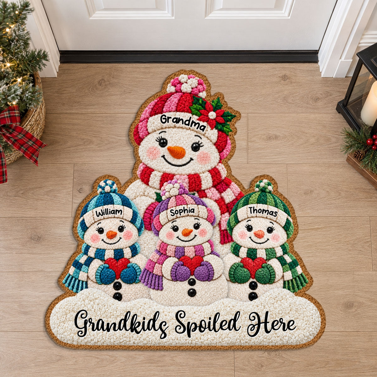 Cute Snowman Grandma & Grandkids 2D Flat Printed - Personalized Doormat - Christmas Decor For Grandma