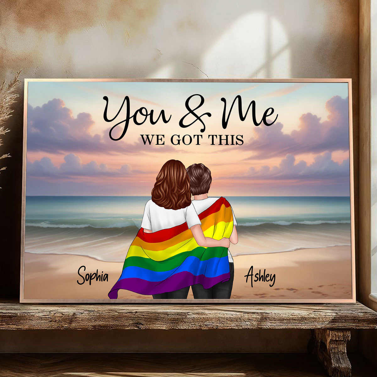 LGBTQ Couple Flag Beach Landscape Personalized Poster, Pride Month gift