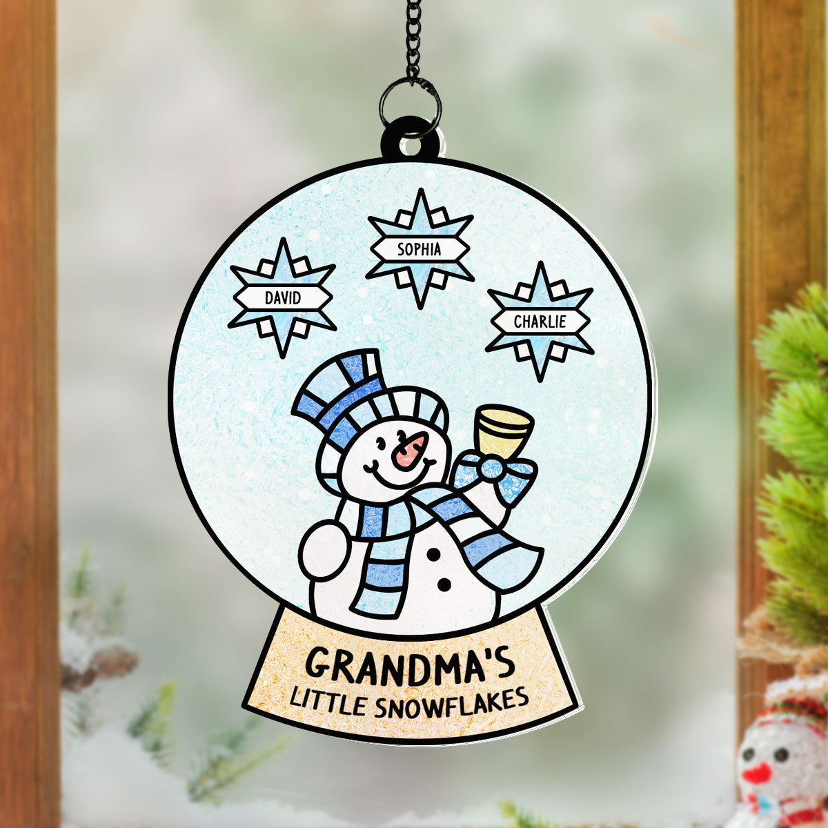 Grandma Grandchild Snowman Family Personalized Suncatcher, Christmas Stained Glass Decor