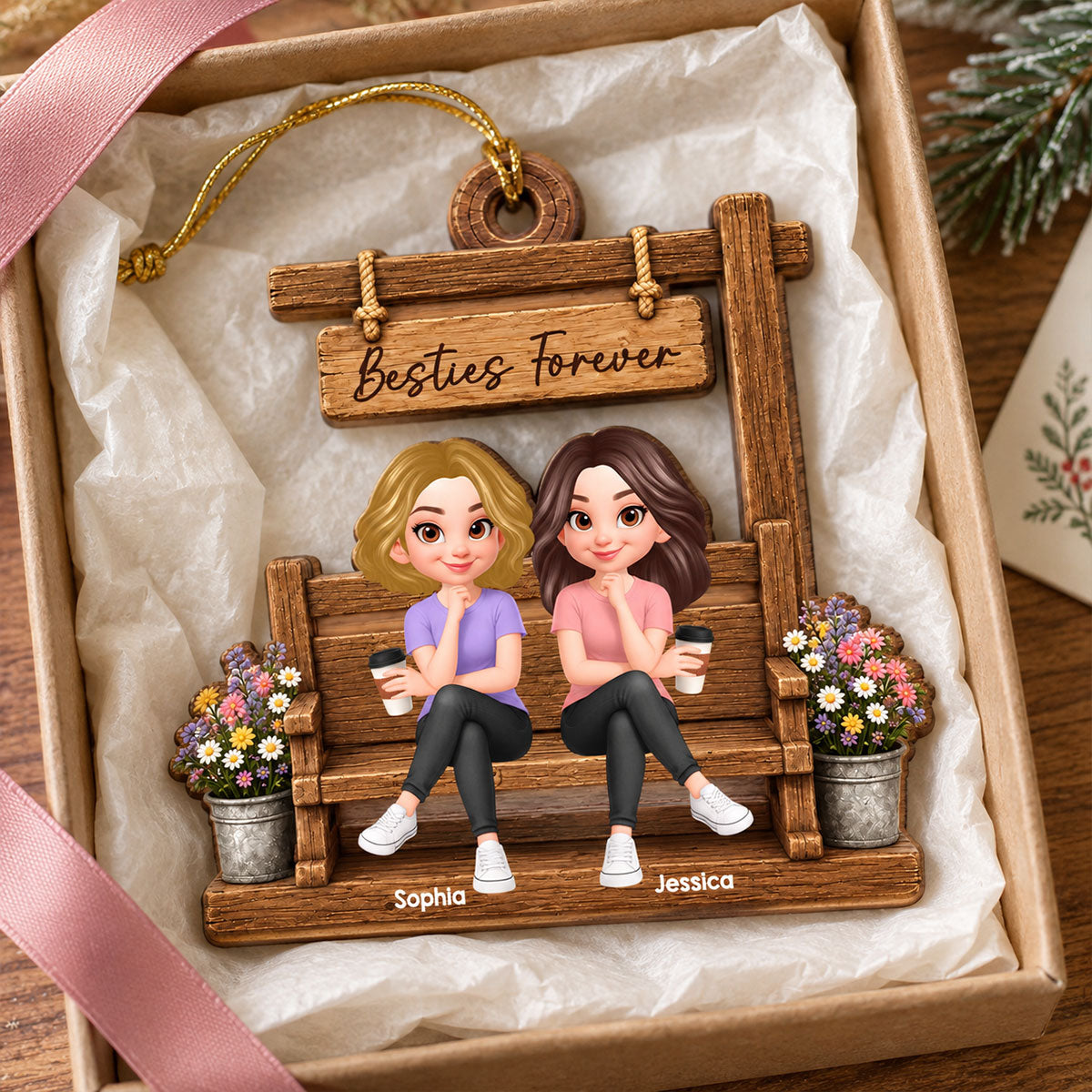 Besties Sisters Sitting Under Sign Post - Personalized Wooden Ornament - Christmas Gift for Best Friends, Sisters