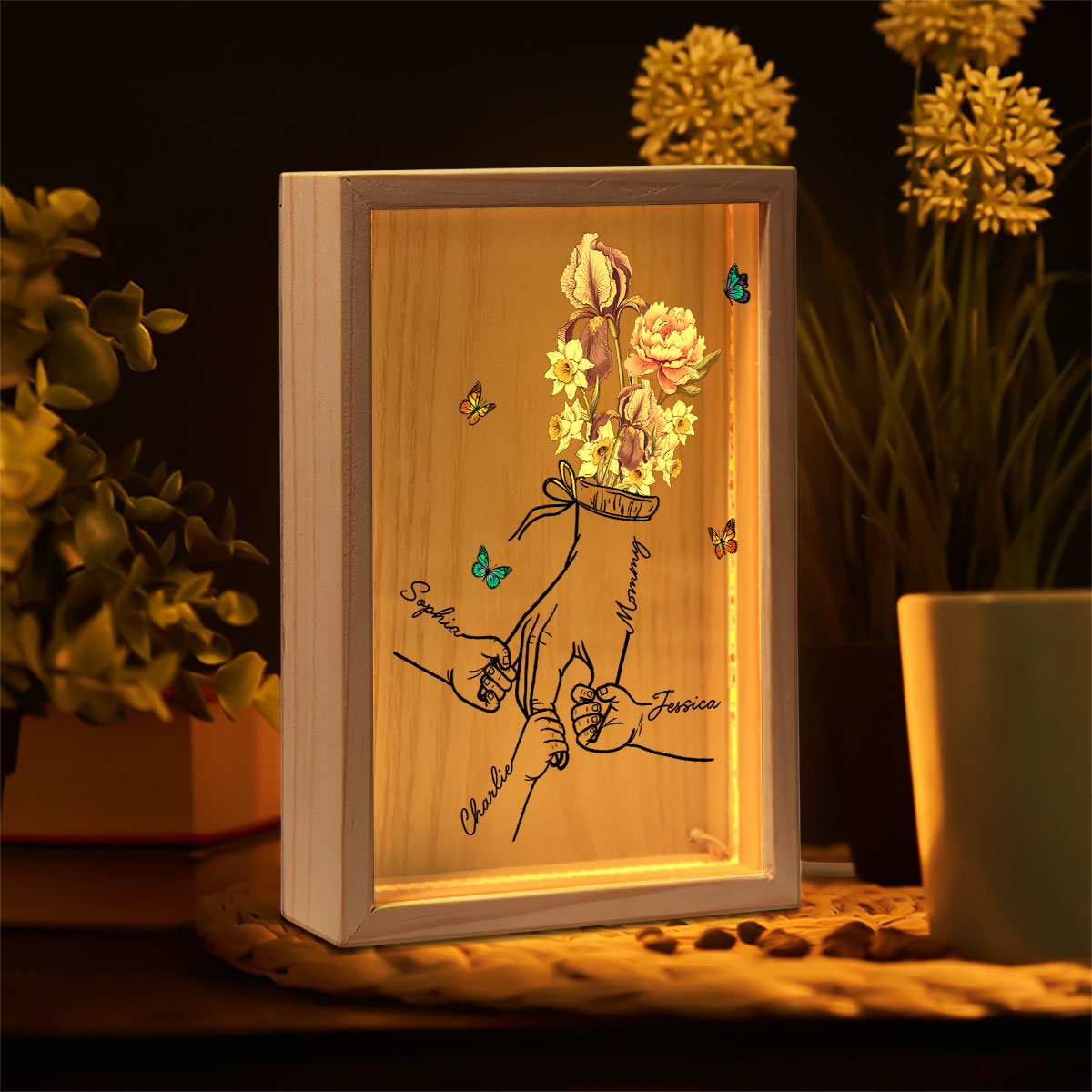 Holding Mom Grandma Hand Birth Month Flowers Personalized Frame Light Box
