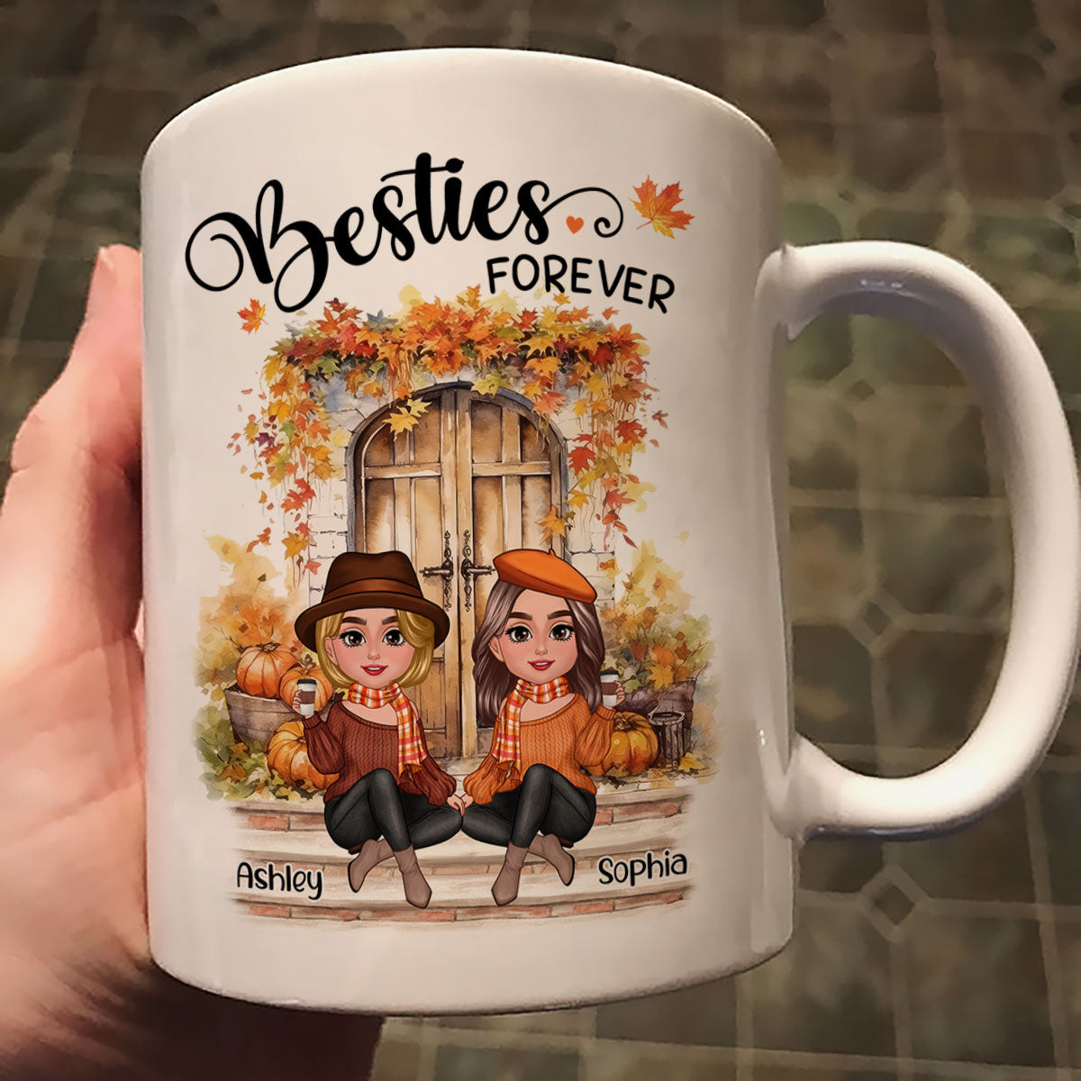 Fall Season Autumn Door Besties Sisters Personalized Mug