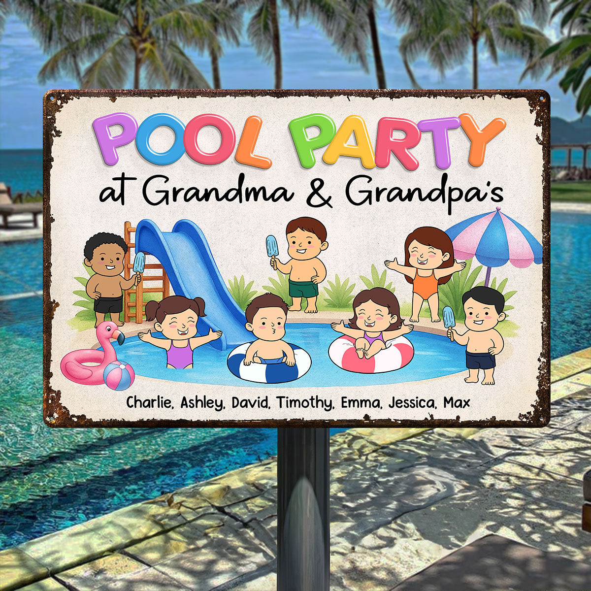 Funny Cartoon Kids Pool Party At Grandma Grandpa Personalized Metal Sign