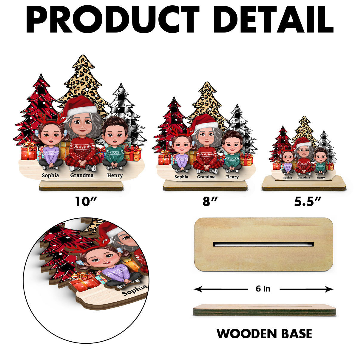 Leopard Checkered Christmas Tree Grandma & Grandkids Tabletop Decor Personalized 2-Layer Standing Wooden Plaque