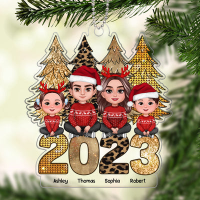 Family Sitting Gold Leopard Sparking Christmas Tree Personalized Acrylic Ornament