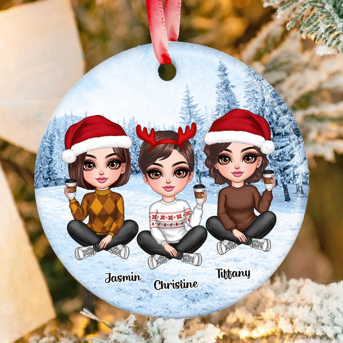 Realistic Winter Scene Besties Sisters Personalized Ceramic Ornament, Christmas Gift for Besties, Sisters, Friends