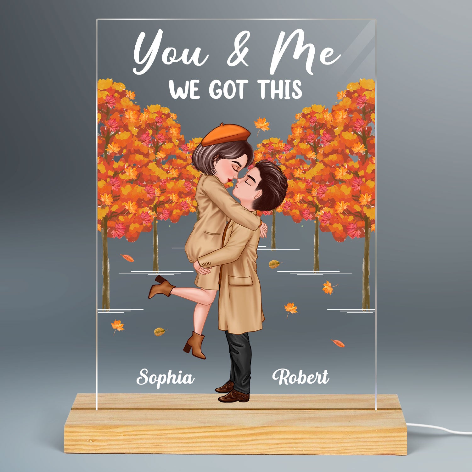 Doll Couple Hugging Kissing In Fall Anniversary Gift Personalized Acrylic Plaque With LED Night Light