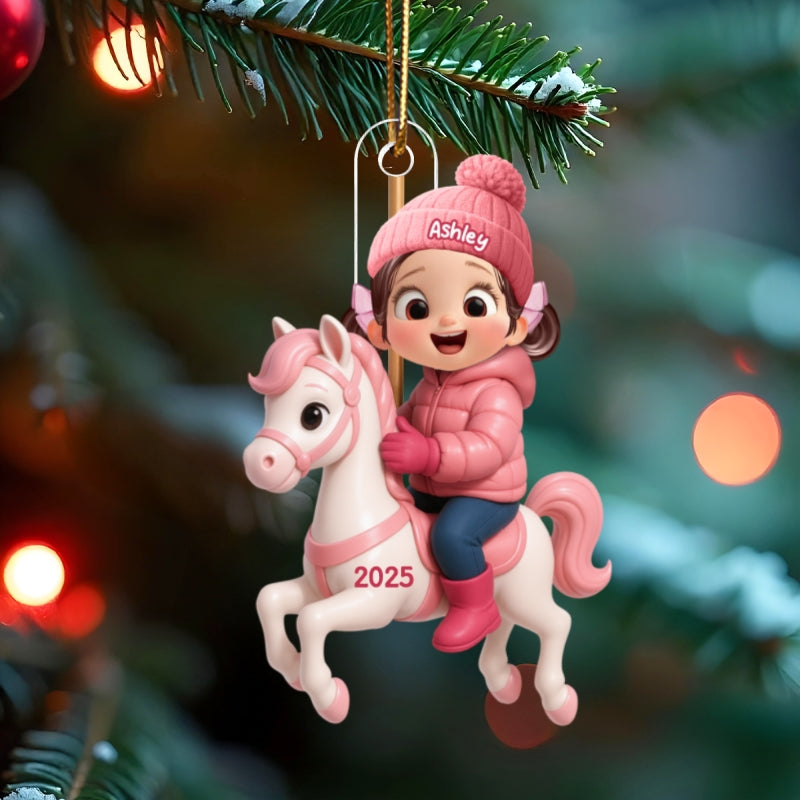 Cute Cartoon Kid On Horse Christmas Personalized Acrylic Ornament, Perfect Chrismas Gift For Kids, Grandkids