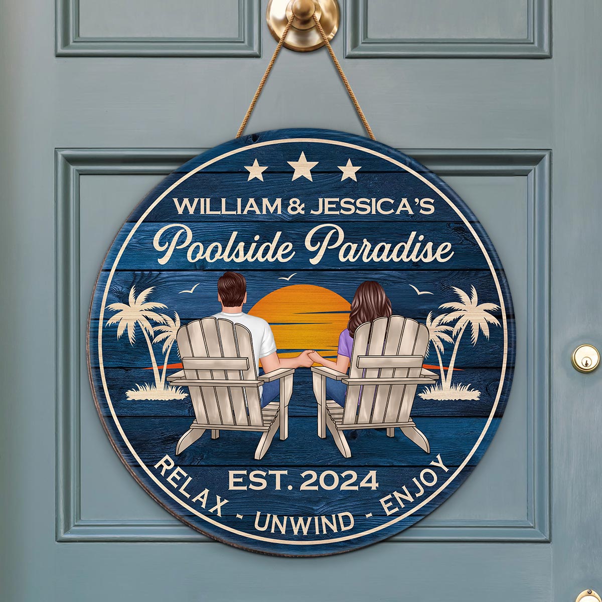 Poolside Paradise Couple Sitting - Personalized Wood Sign
