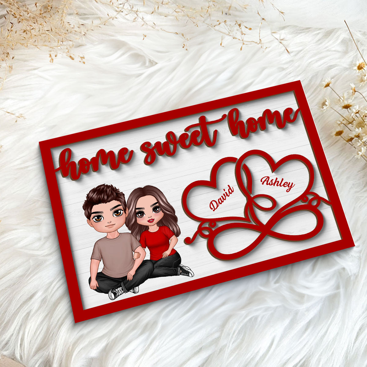 Couple Sitting Embracing Home Sweet Home Valentine‘s Day Gift For Him For Her Personalized 2-Layer Wooden Plaque
