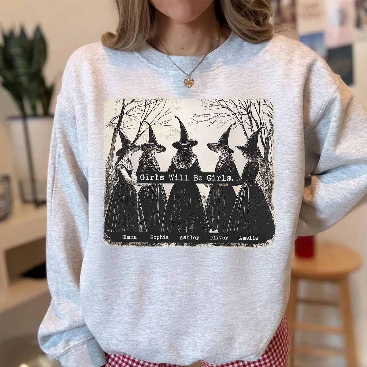 Vintage Witch Girls Will Be Girls Personalized Sweatshirt, Halloween Party Matching Shirt