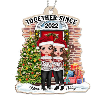Doll Couple Hugging At The Front Porch Christmas Personalized Wooden Ornament