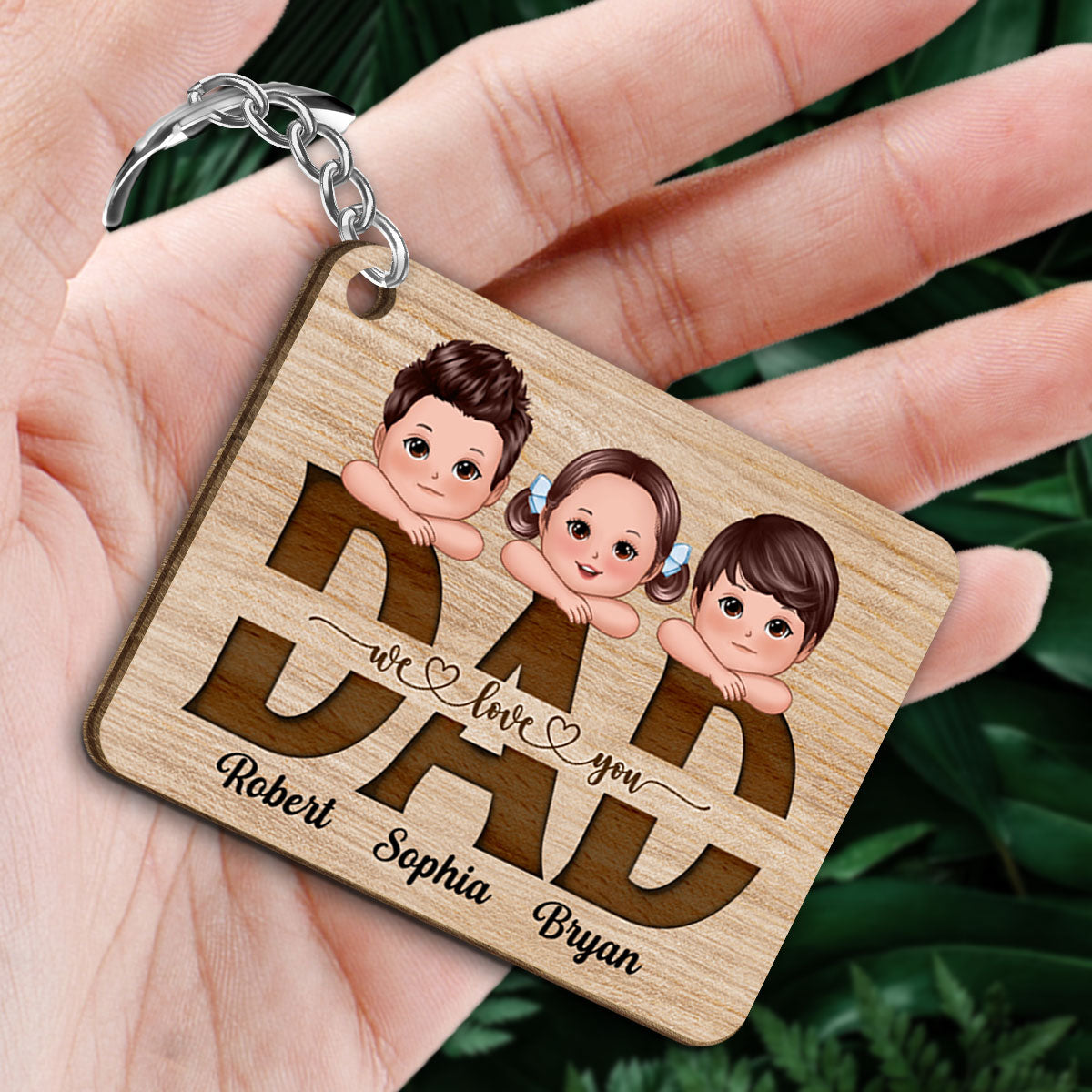 Dad Grandpa We Love You Cute Doll Kids On Hands Personalized Wooden Keychain