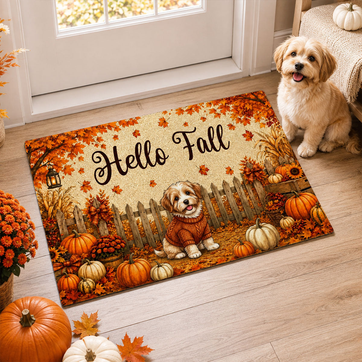 Vintage Dog Cat Fall Season Photo Upload - Personalized Doormat - Gift For Dog Mom, Cat Mom