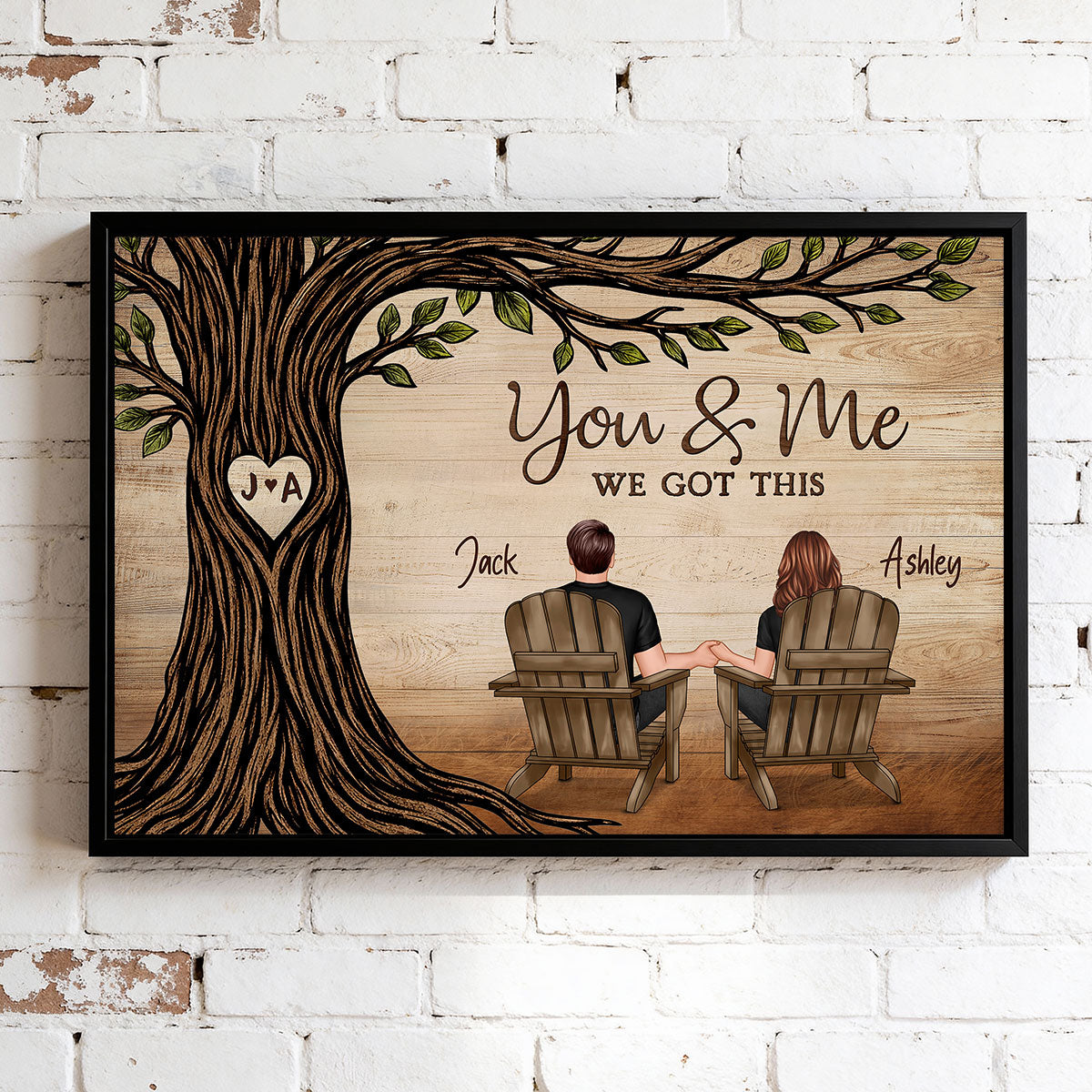 Couple Sitting Under Heart Carved Tree - Personalized Poster - Valentine's Day Gift For Couple