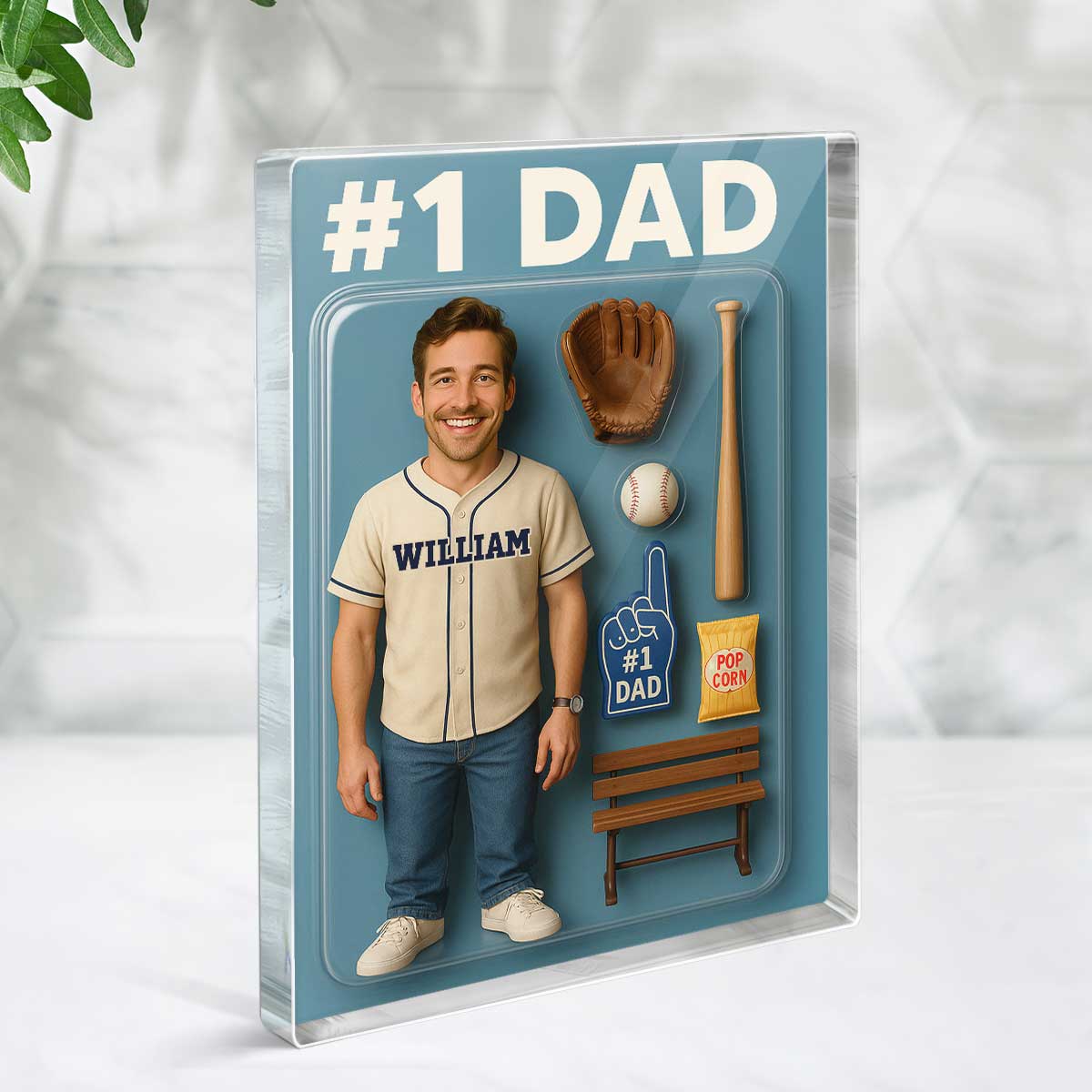3D Effect Baseball Dad Custom Figure Personalized Rectangle Acrylic Block Plaque