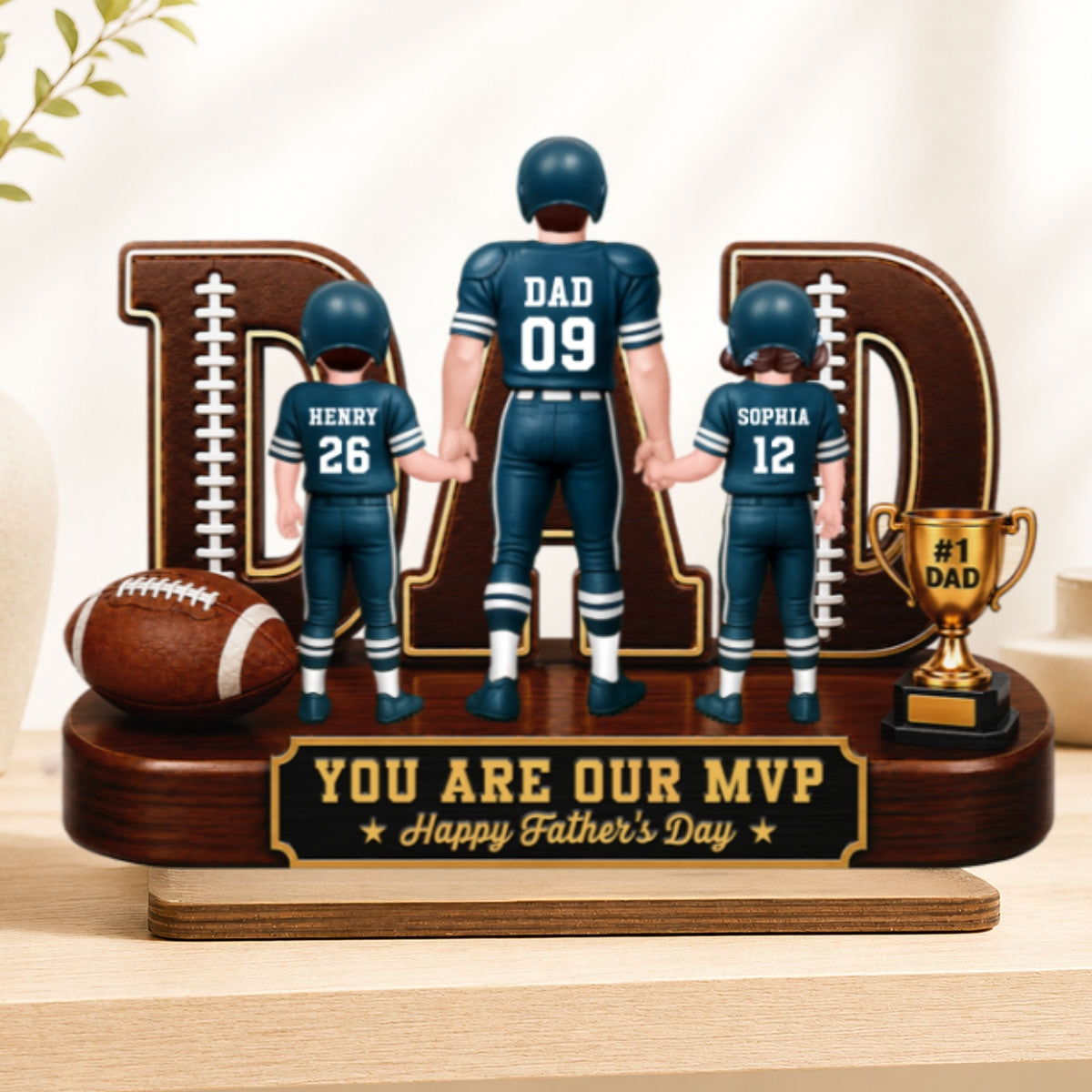 American Football No 1 Dad Legend Daddy's Dream Team - Personalized 2-Layered Wooden Plaque - Father's Day Gift For Dad
