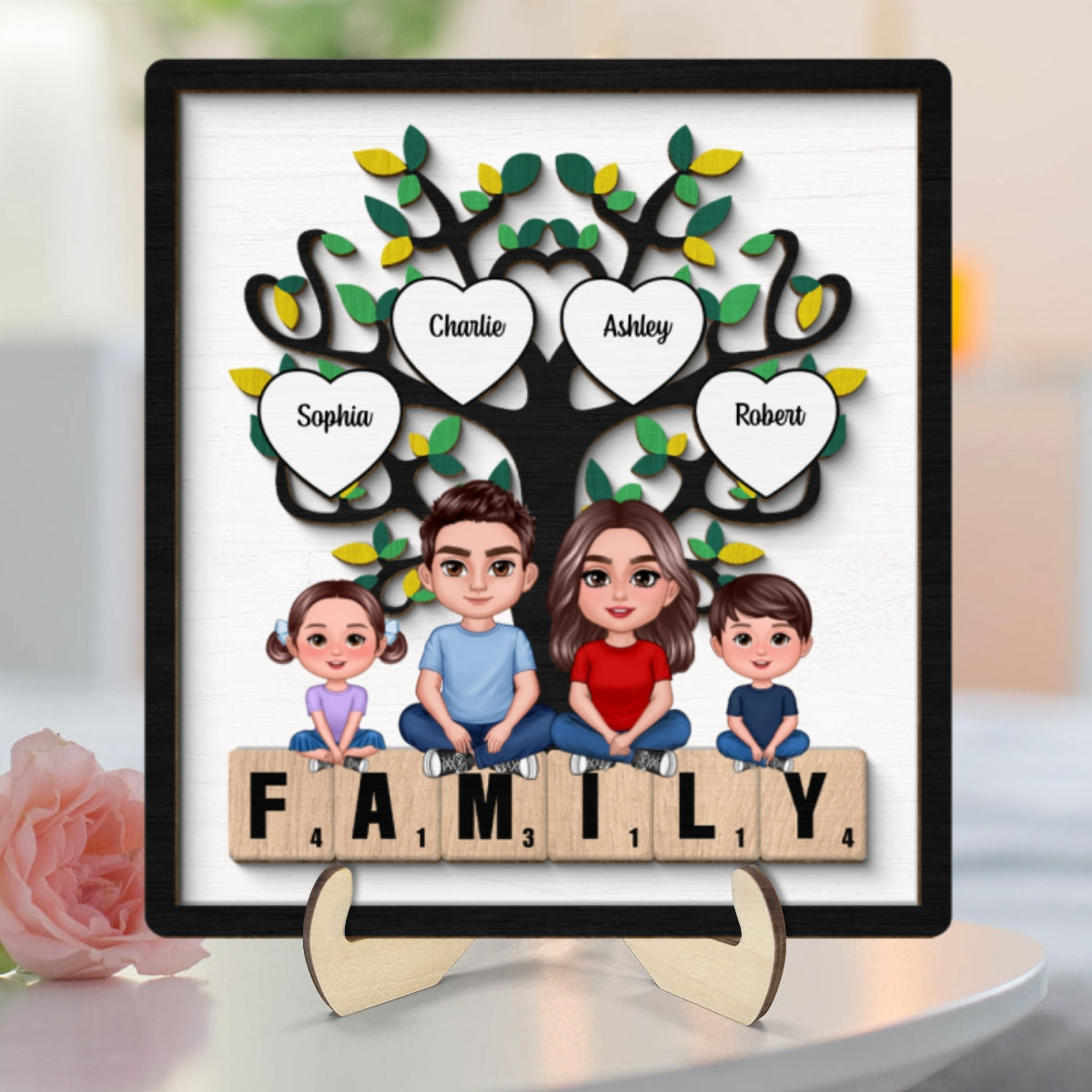 Family Crossed  Legs Under Tree On Text Personalized 2-layer Wooden Plaque