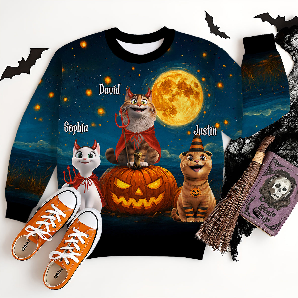 Halloween Cats Sitting in a Starry Night Personalized 3D Sweatshirt, Halloween Costume for Cat Lovers
