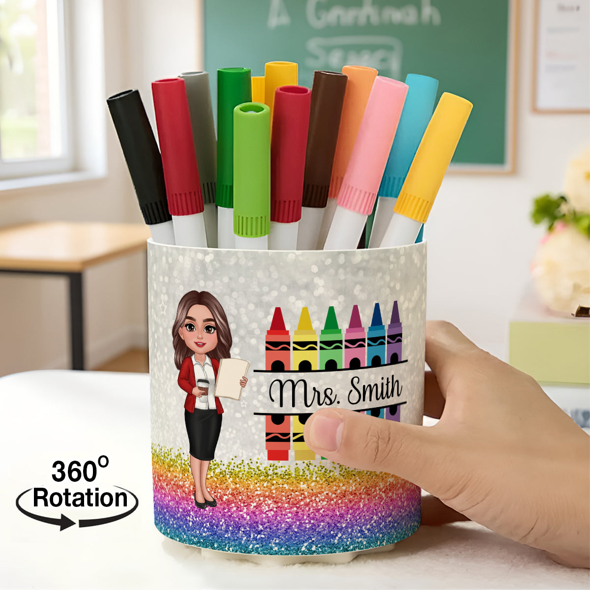 Teacher Crayon Glitter Texture Personalized Rotating Pen Holder, Teacher Appreciation Gift, Back To School Gift